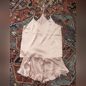 Silk, satin ruffled pajama set, pink, size small